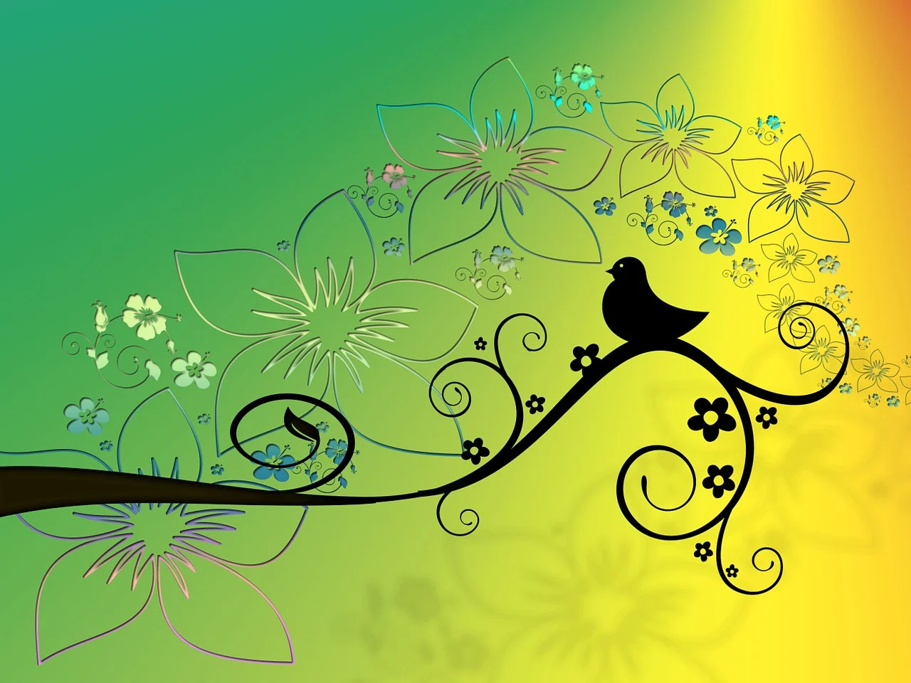 silhouette of a graphically designed branch with a bird on the end of it, with a background in shades of green and yellow