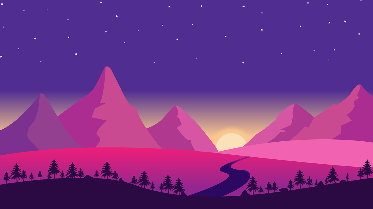 cartoon image of pink mountains, purple sky and a pink landscape with a long trail extending to the trees in the forefront. The sun is setting beyond the mountains and stars are seen in the sky.