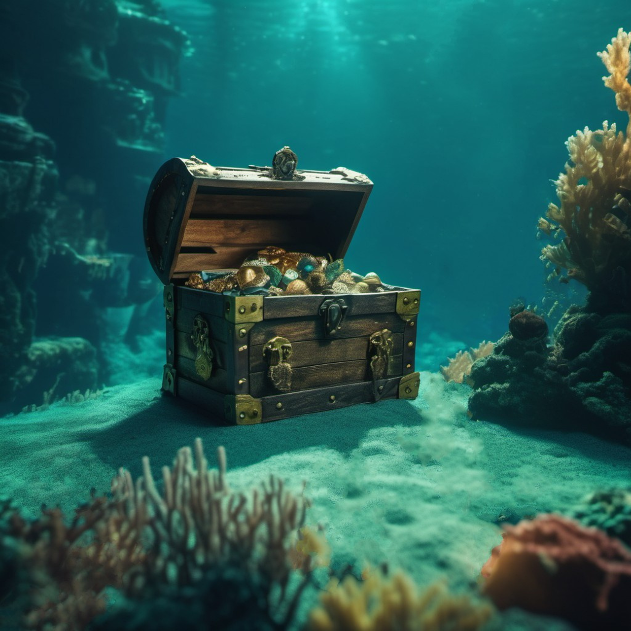 open treasure chest at the bottom of the ocean