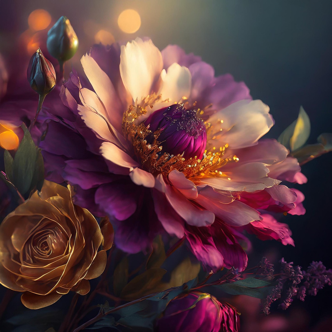 flower in multiple colors of purple, gold, pink, and other indiscernible shades