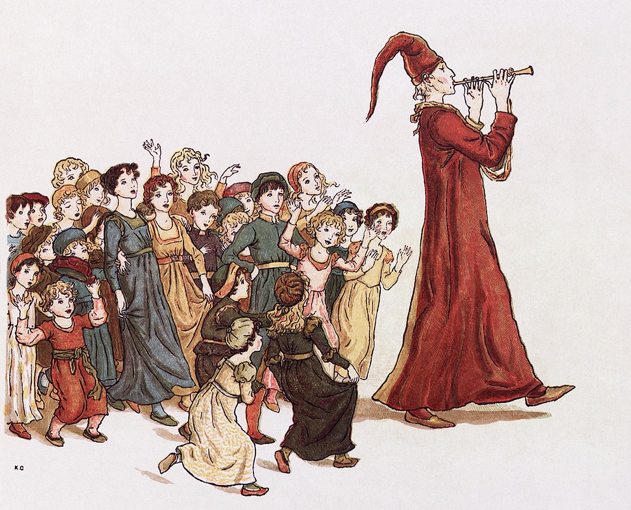 cartoon image depicting the Pied Piper leading the children out of their town