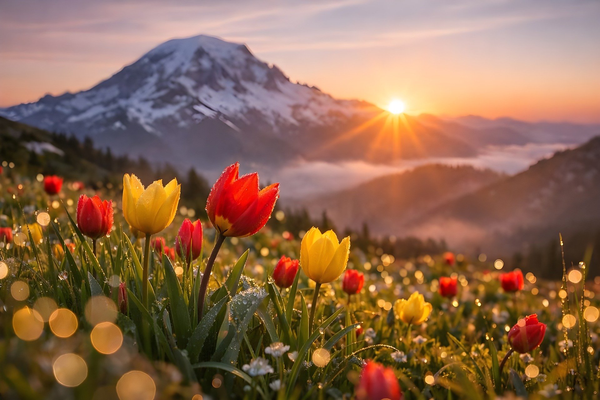 red and yellow tulips in the morning dew under the light of the rising peach-colored sun. Mountains linger in the background, towering over a valley and the adjacent hill where the flowers live.