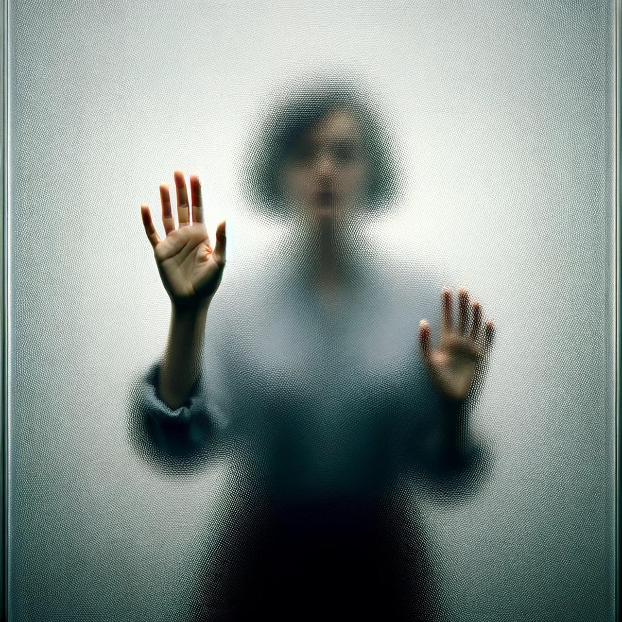 Woman standing behind translucent boundary holding her hands up on the invisible wall in front of her. 