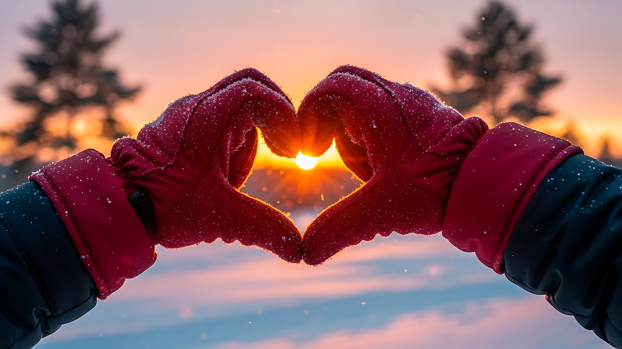 Two winter-gloved hands holding the shape of a heart in front of a distant sun.