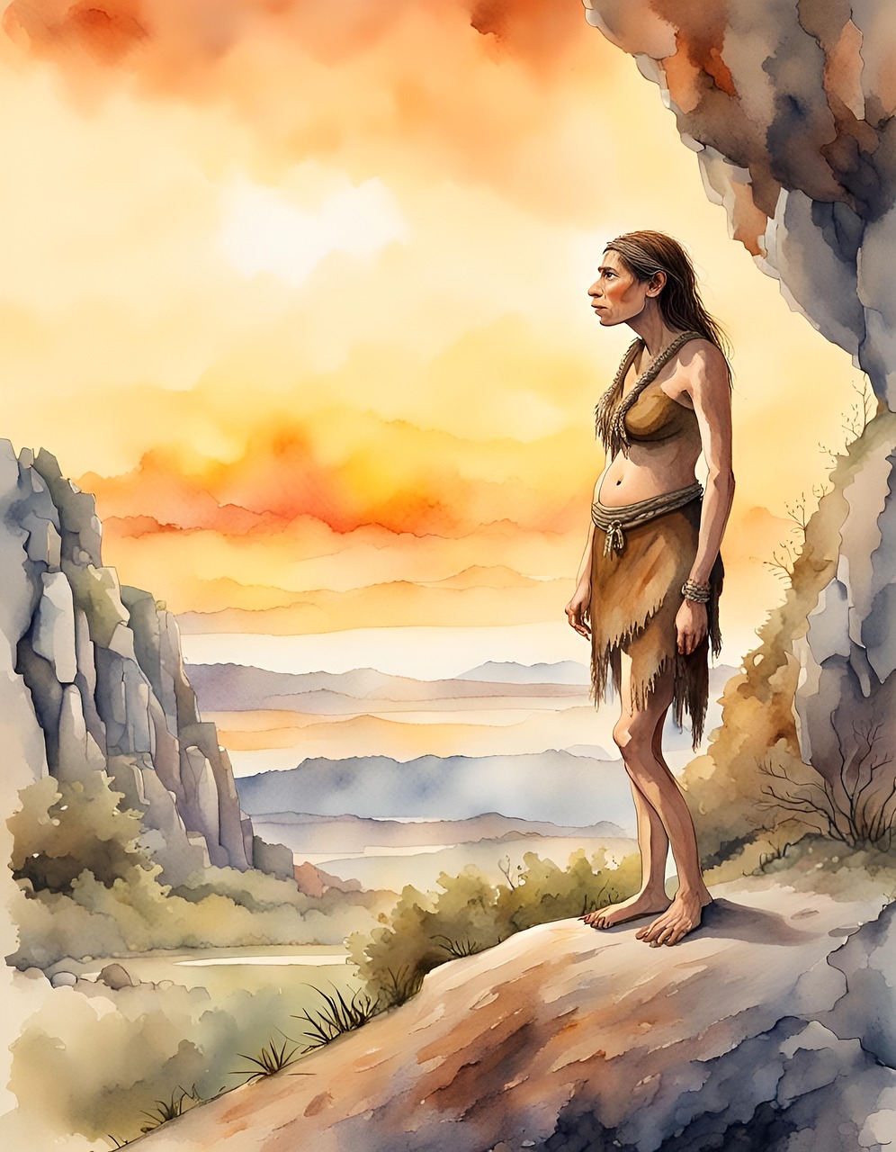 Presumed painting, or similar rendering, of a Neanderthal woman standing at a mountain's edge, looking out onto the horizon. 