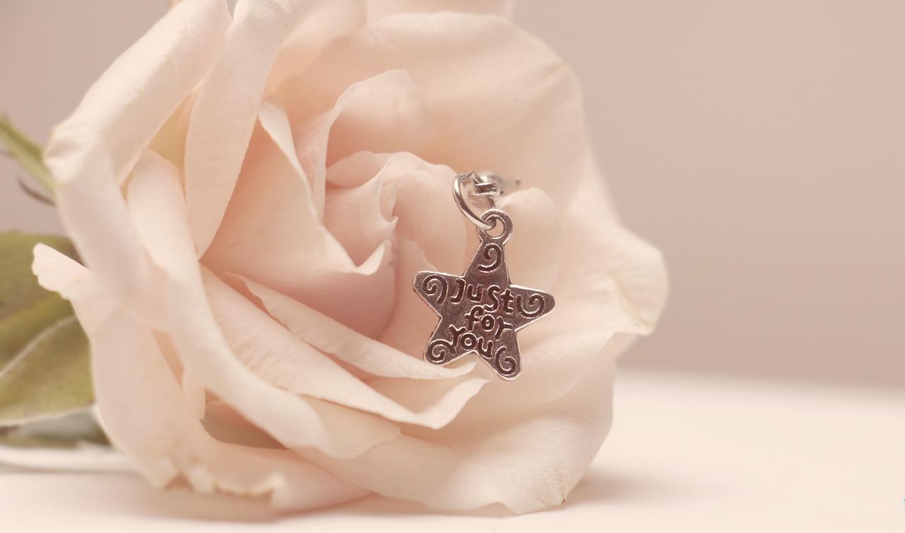 Pale pink rose lying on its side, with star-shaped jewelry lying next to it, stating "Just for You."