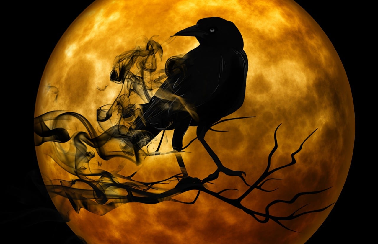 black silhouette of a raven with wispy black smoke overlaying an orange moon